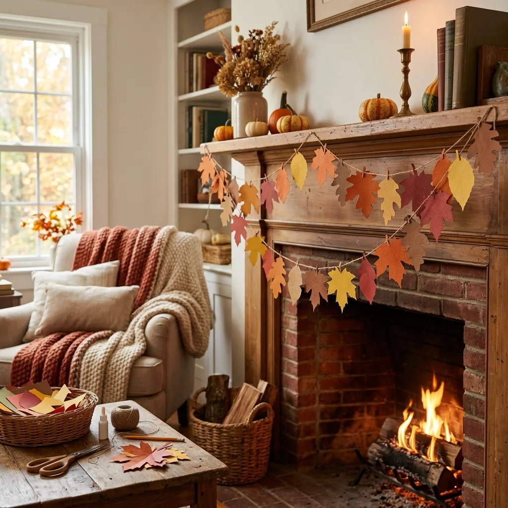 DIY Thanksgiving paper leaf garland hanging in a cozy living room